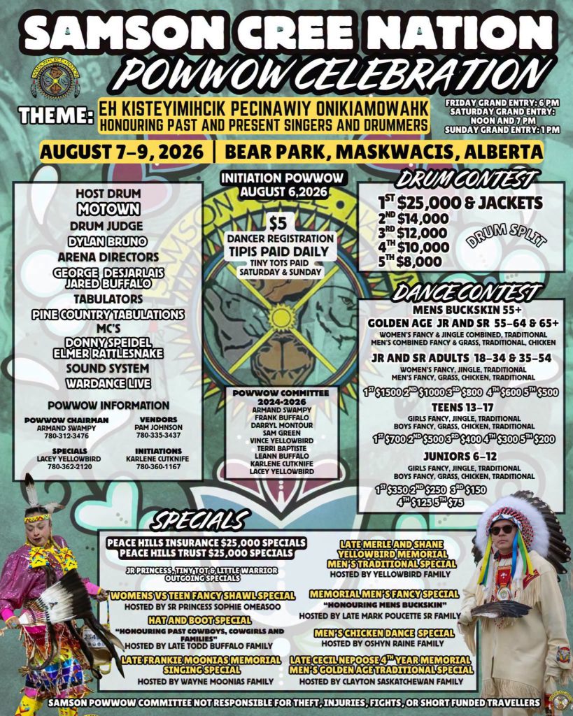 Flyer for the 2026 Samson Cree Nation Powwow Celebration at Bear Park in Maskwacîs